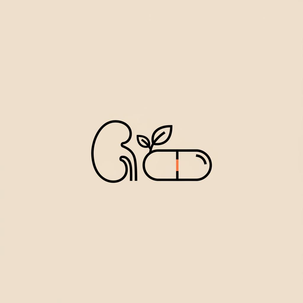 Minimal Tonum-style line illustration of a kidney outline with a capsule and a leaf on a beige background — Is garcinia cambogia safe for kidneys?