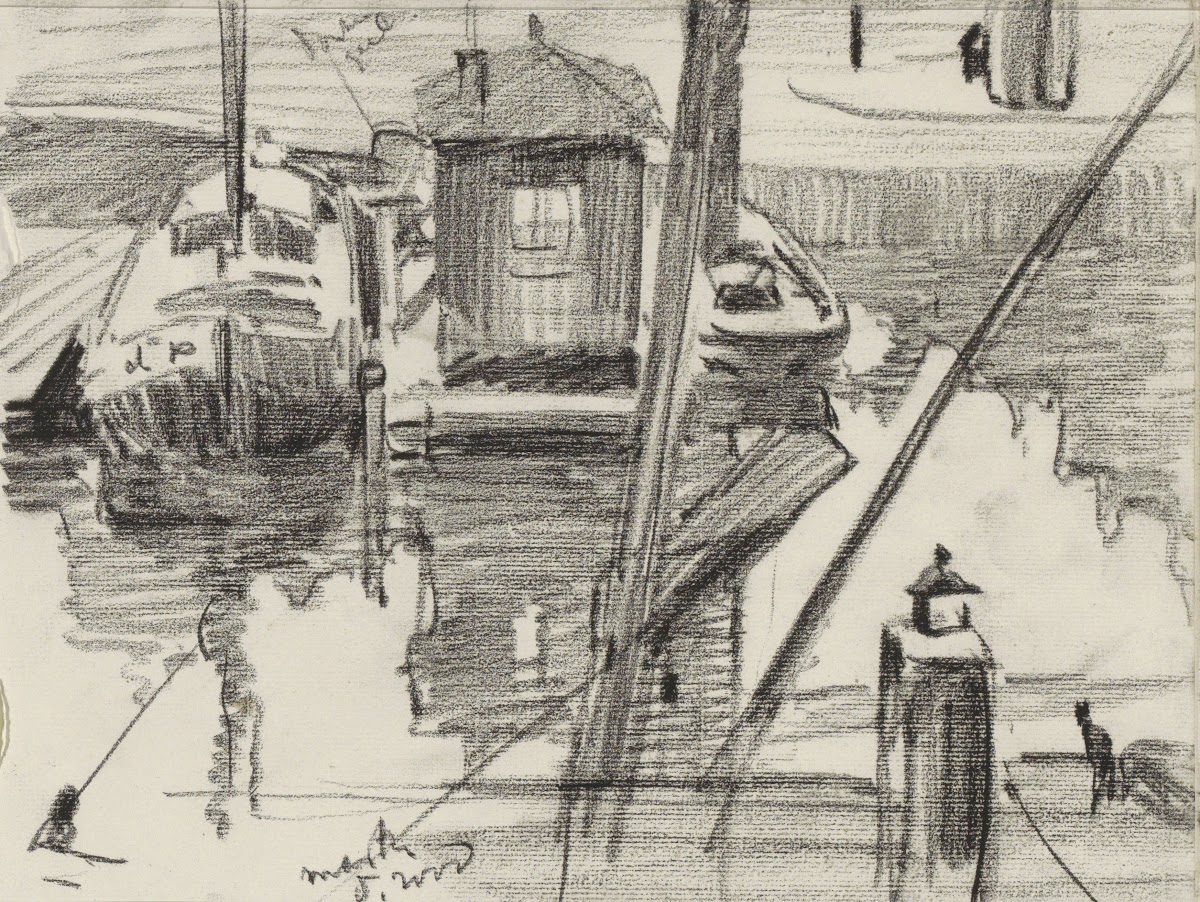 Aanlegsteiger met boten aan het Damrak te Amsterdam 1904 1905