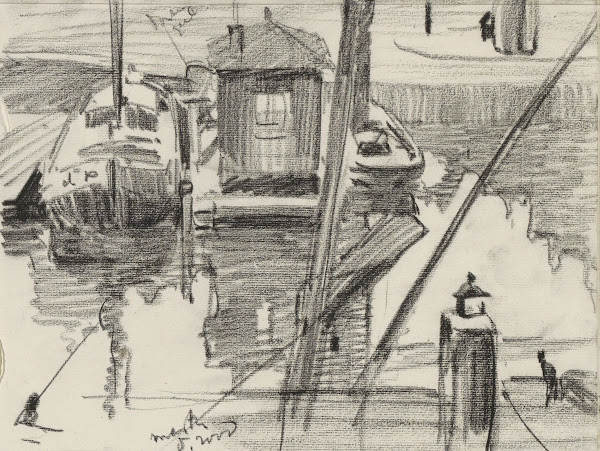 Aanlegsteiger met boten aan het Damrak te Amsterdam 1904 1905