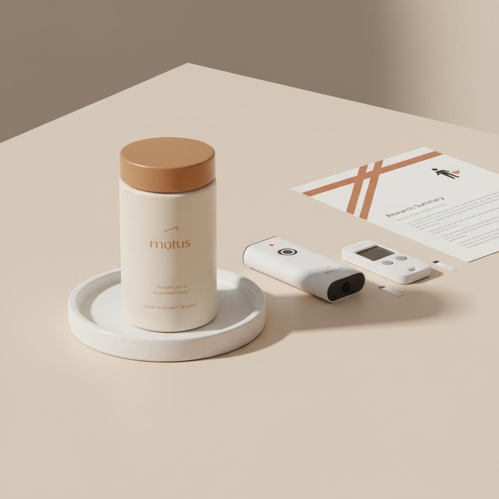 Motus supplement on a ceramic tray with a breath acetone device and finger-prick blood ketone meter beside a folded research summary in Tonum colors, clinical studio scene showing signs of fat oxidation.