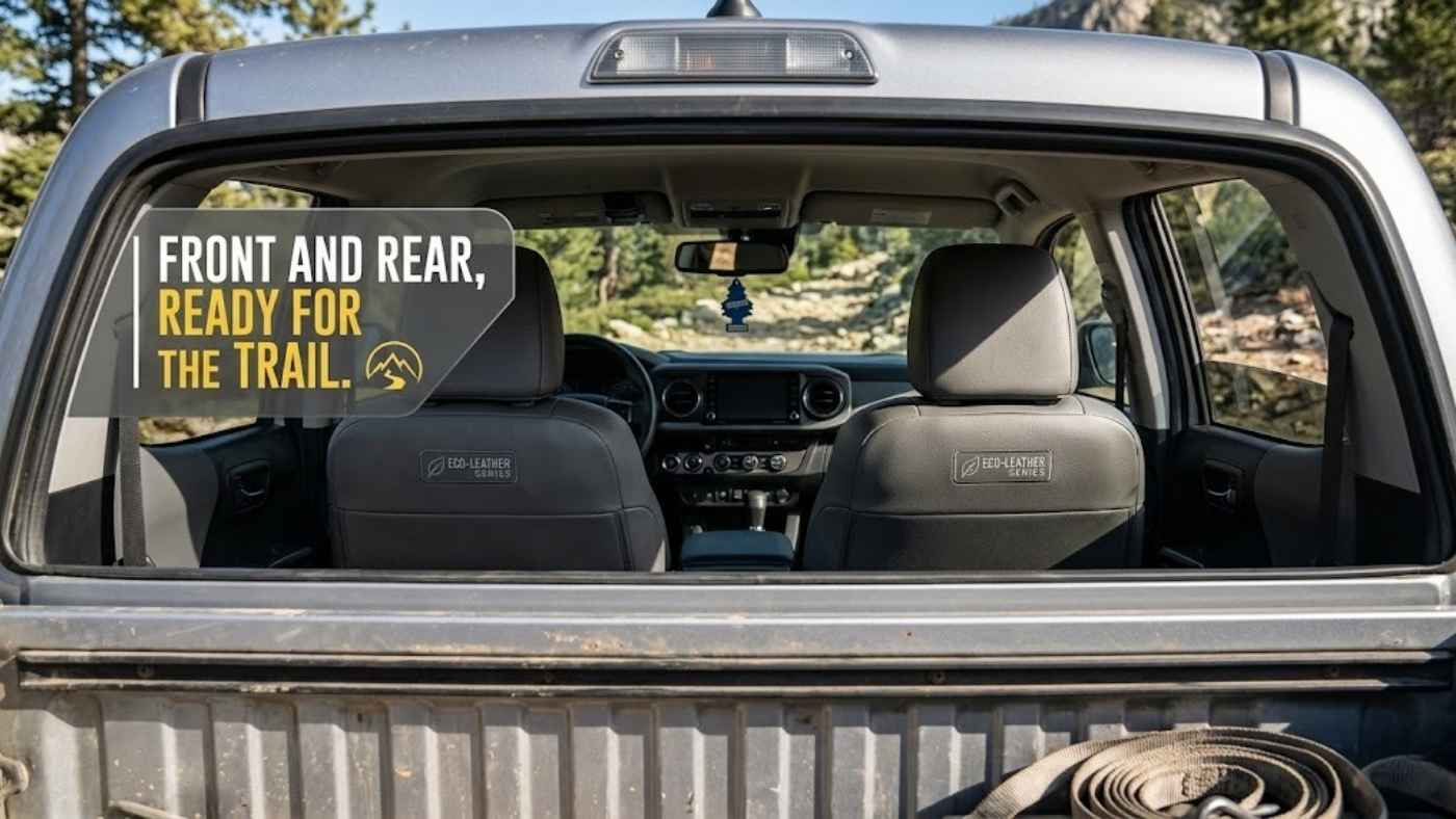 Mud and trail dust on the factory seat of a 2027 Toyota Tacoma TRD Off-Road