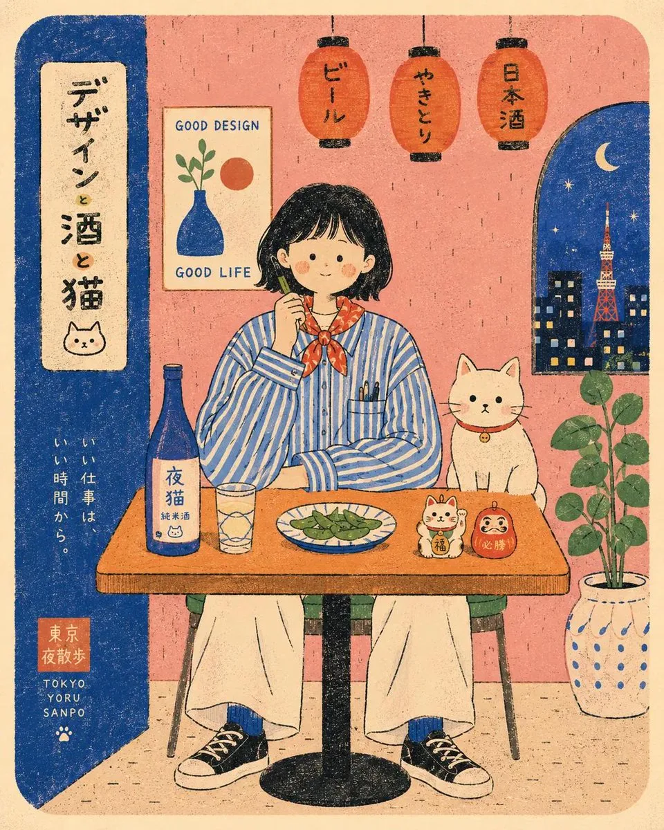 Ilustración caprichosa de un café retro japonés