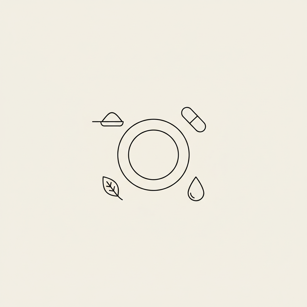 Minimalist line illustration of a plate with a powder scoop, capsule, leaf and water droplet on a beige background, representing best meal replacement for weight loss.