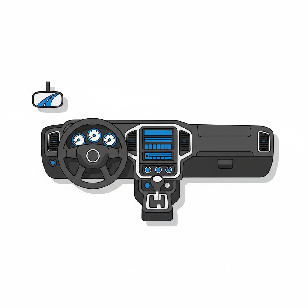 Minimalist 2D vector view of a pickup dashboard and shifter interior for toyota tundra used for sale in CarFax Deals colors white and blue