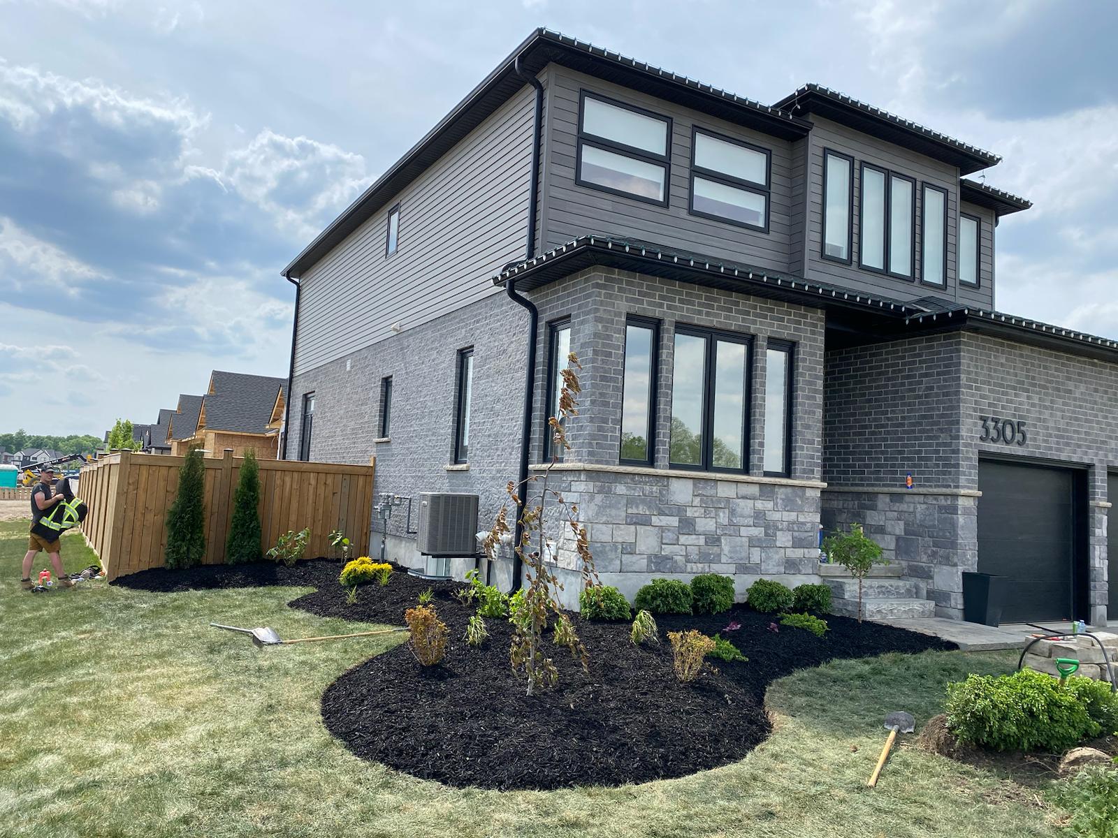 Backyard lawn and tree planting landscape in London, Ontario