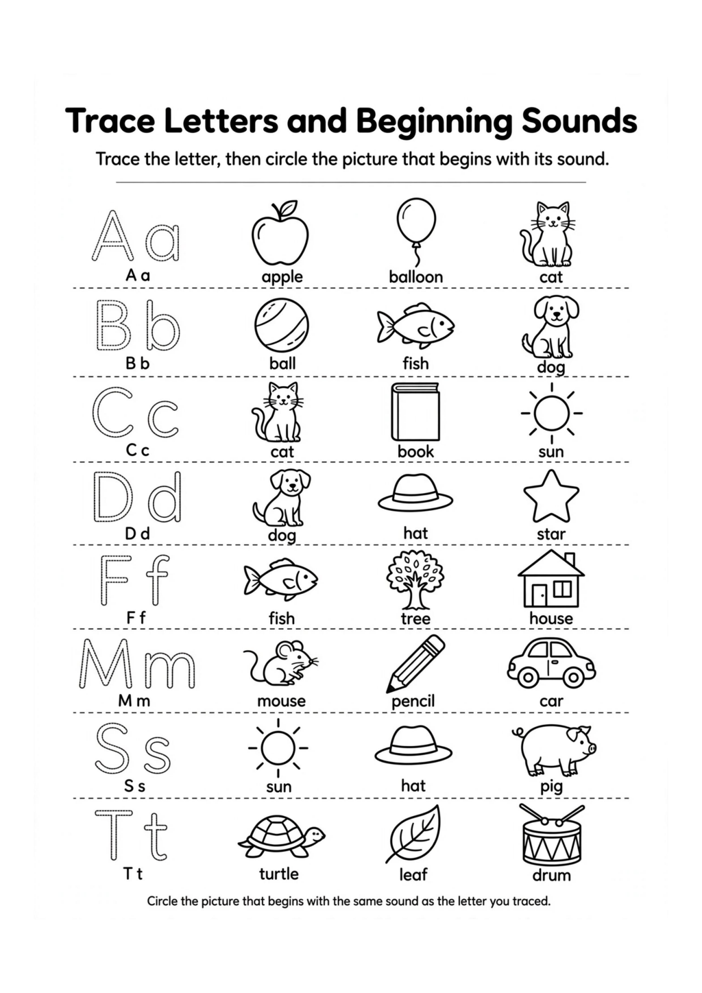 Trace Letters and Beginning Sounds Worksheet
