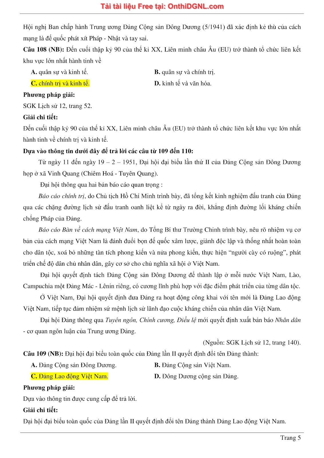 150 bài tập môn Sủ- Ôn thi ĐGNL ĐHQG HN Phần 8