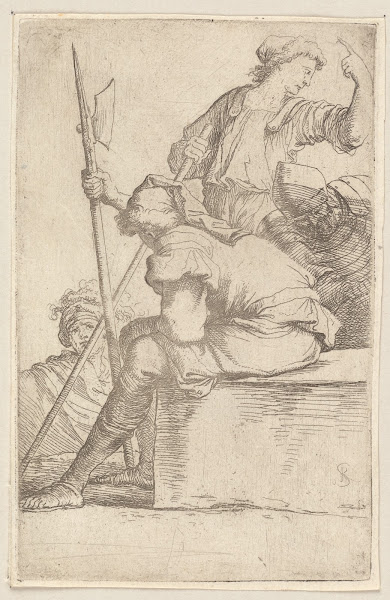 Three Soldiers One Seated on a Square Block of Stone 2 1656   1657