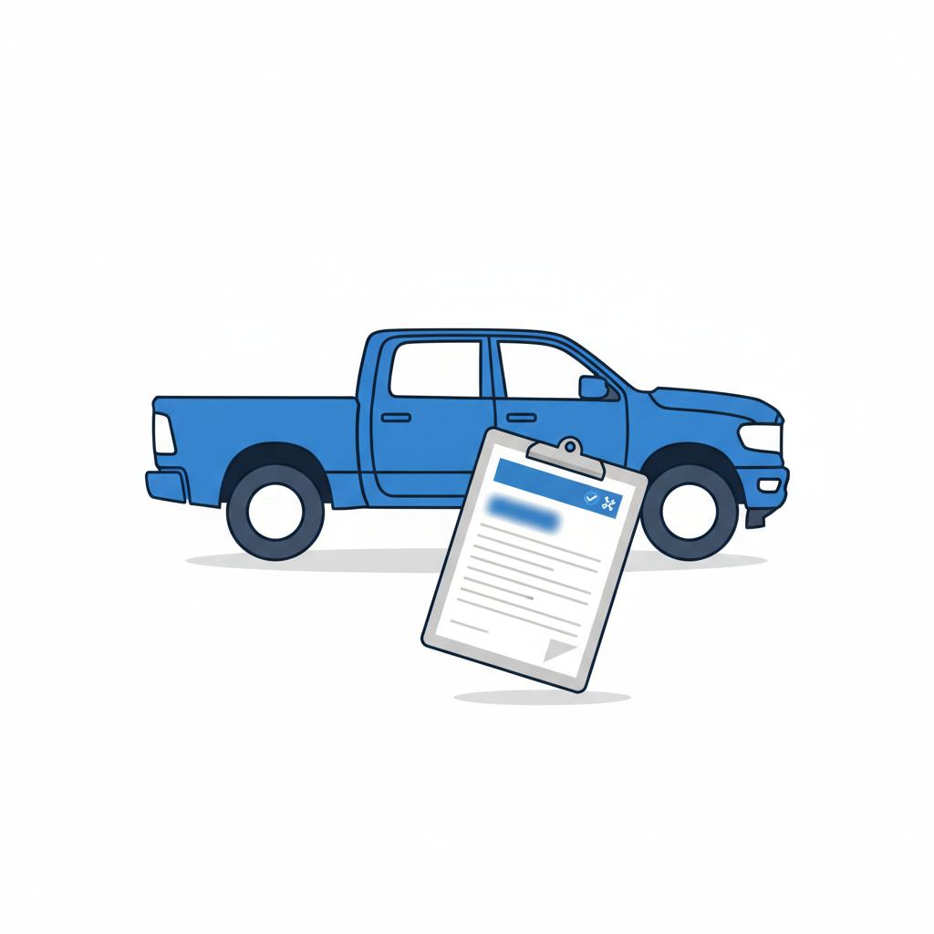 Minimal vector illustration of a printed vehicle history report on a clipboard beside a stylized parked Ram 1500 silhouette on white background with the VIN area blurred dodge ram 1500 for sale