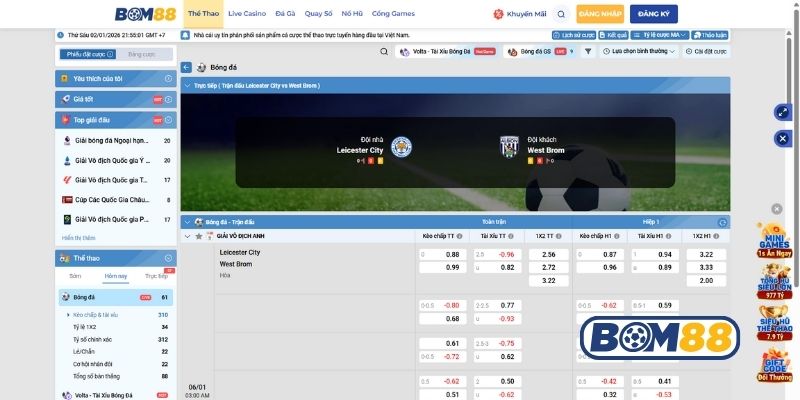 Bảng tỷ lệ kèo trận Leicester vs West Brom ngày 06/01/2026