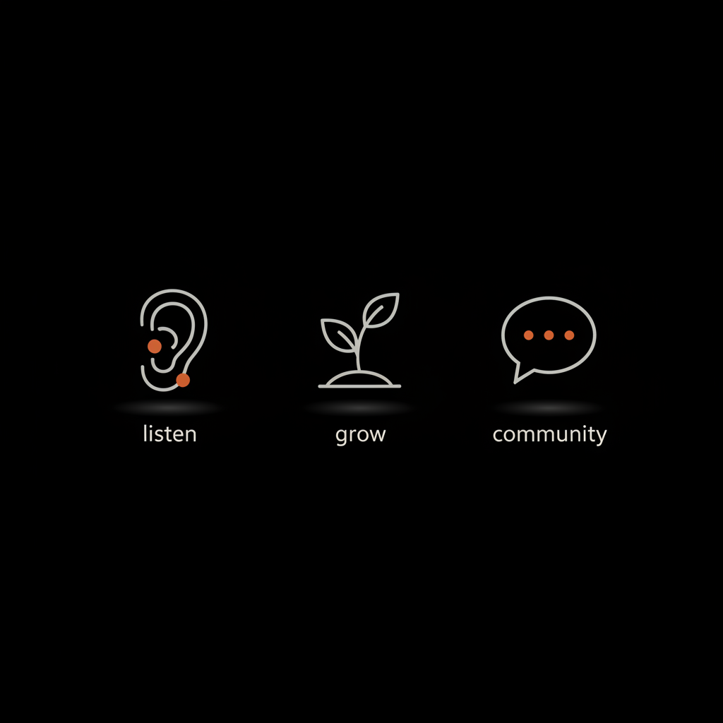 Minimal full-frame infographic with ear, seedling and chat-bubble icons on black background representing listening, growth and community to illustrate social presence