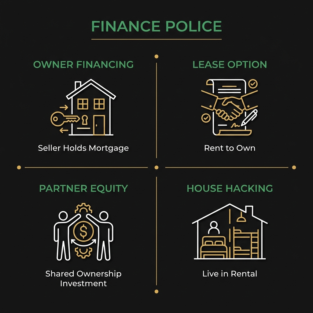 Minimalist Finance Police infographic showing four low cash acquisition paths owner financing lease option partner equity house hacking for how to buy airbnb property with no money