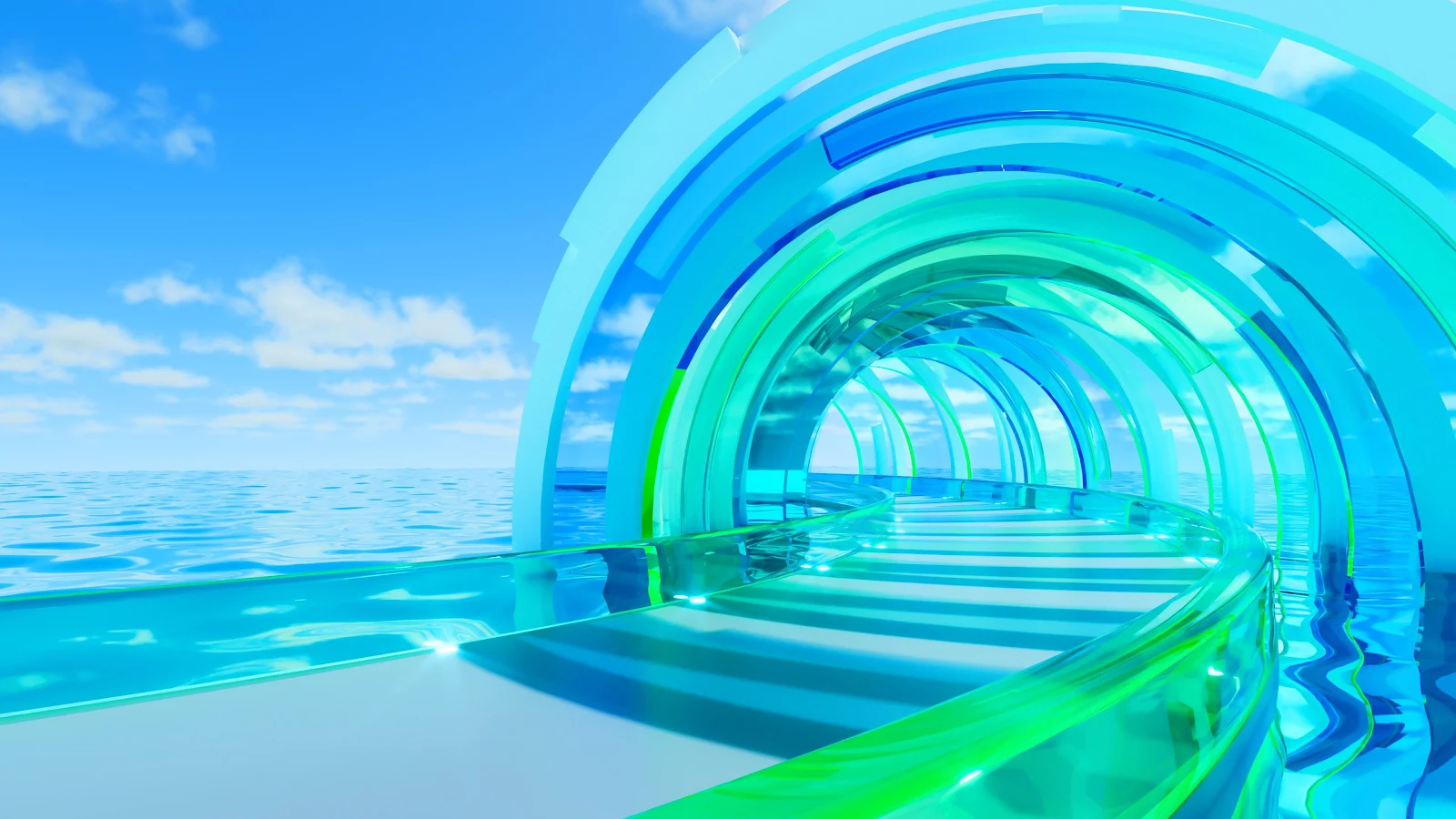 Futuristic Glass Water Tunnel - 3D Render 4K Wallpaper (3840x2160)
