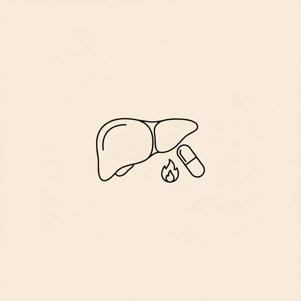 Stylized line-art liver with a capsule and small flame indicating fat oxidation on a beige background — when does the liver start burning fat