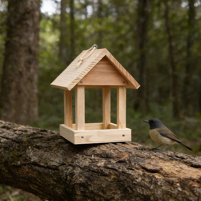 Open wooden birdhouse as a feeding station