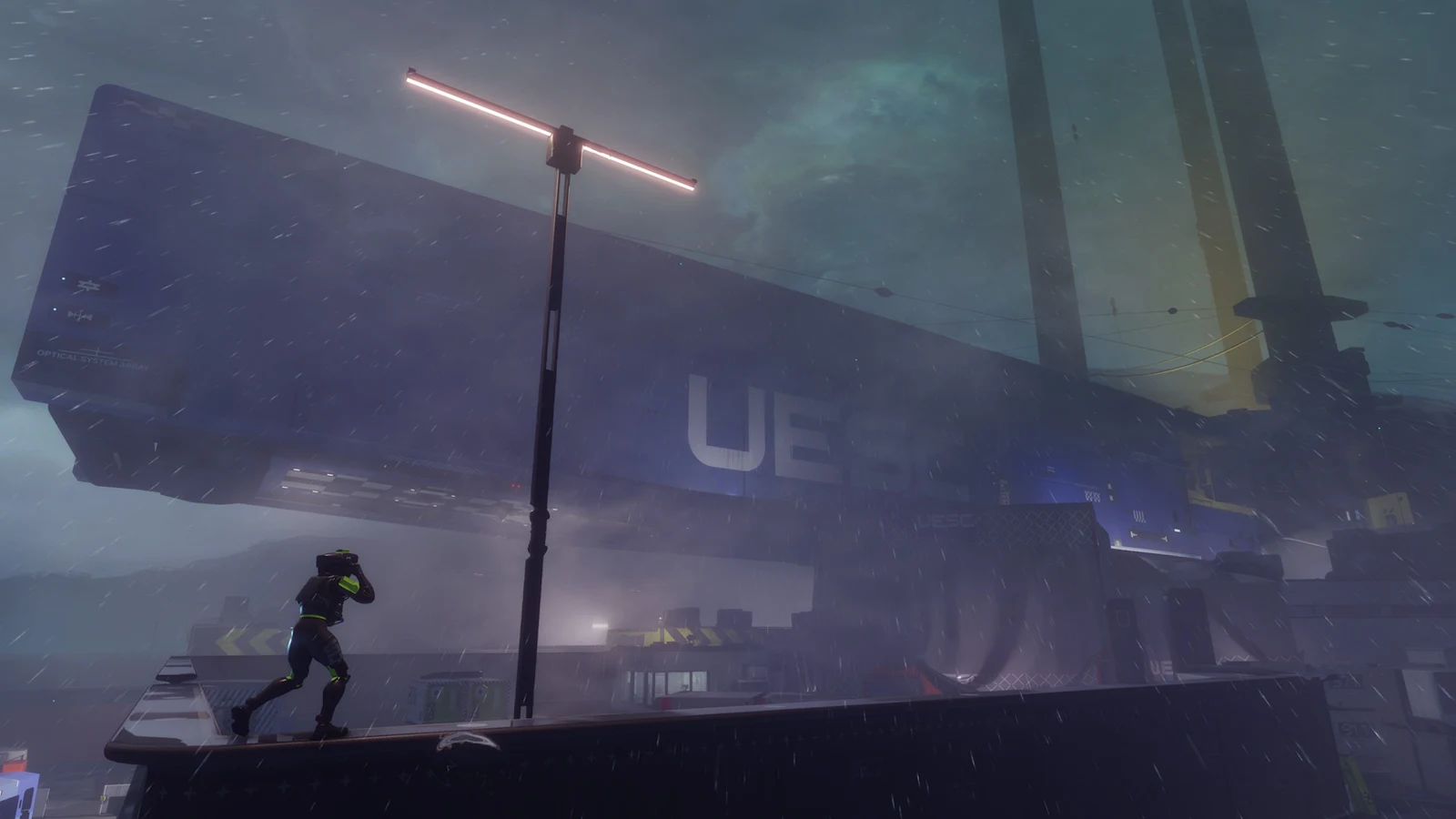 Rainy Sci-Fi Docking Bay - Sci-Fi Digital Art 4K Wallpaper (3840x2160)