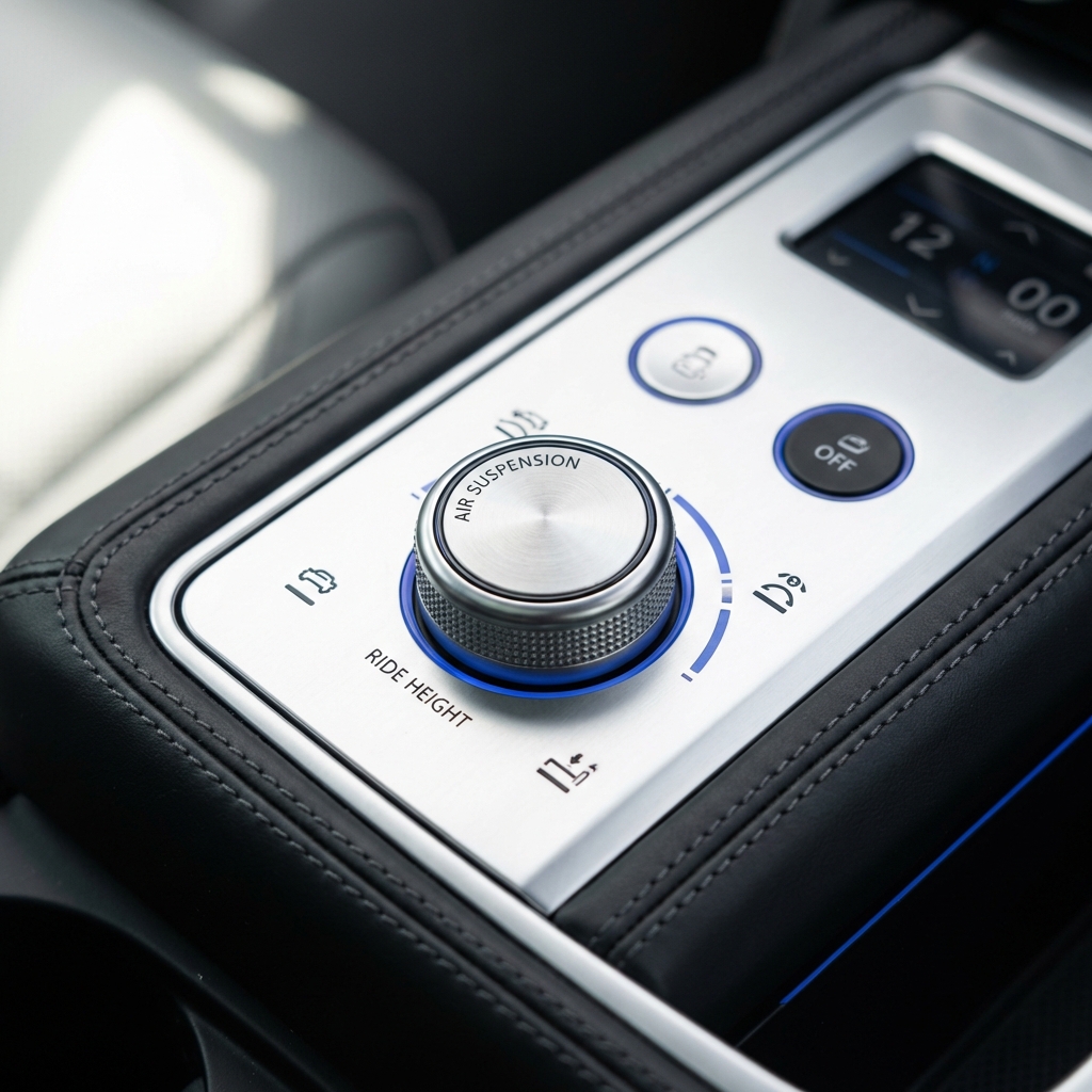 Close Range Rover interior view focusing on adjustable air suspension controls premium leather brushed aluminum and blue accent lighting g wagon for sale