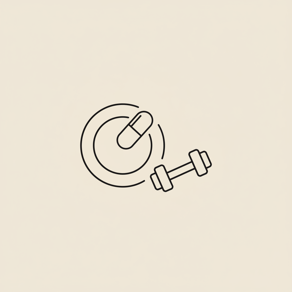 Minimal Tonum-style line illustration of a plate, capsule, and dumbbell on a beige background, symbolizing nutrition and exercise to lose 7% body fat.