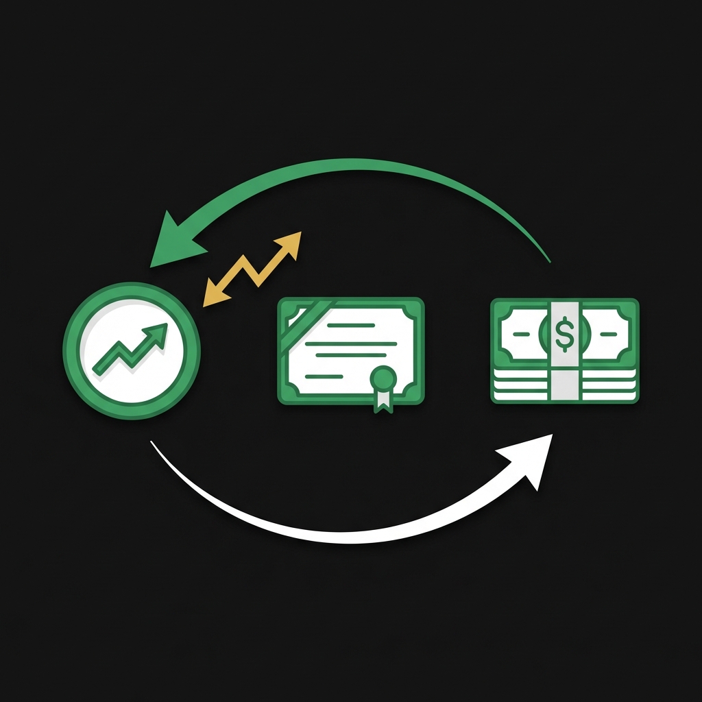 Minimalist chart with stock bond and cash icons connected by arrows showing tradeoffs between return volatility and liquidity investing money for beginners