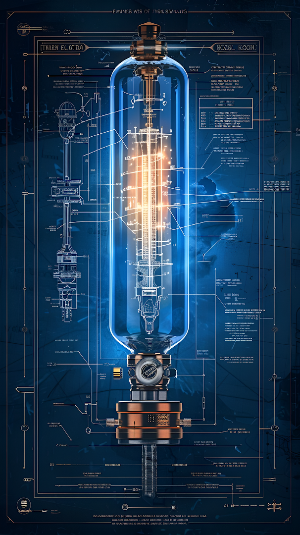 Glowing Vacuum Tube Blueprint with Technical Diagrams