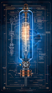 Glowing Vacuum Tube Blueprint with Technical Diagrams