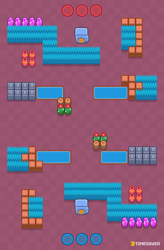 Brawl Stars Safe Zone Heist map layout with two safes, wall lanes and bushes