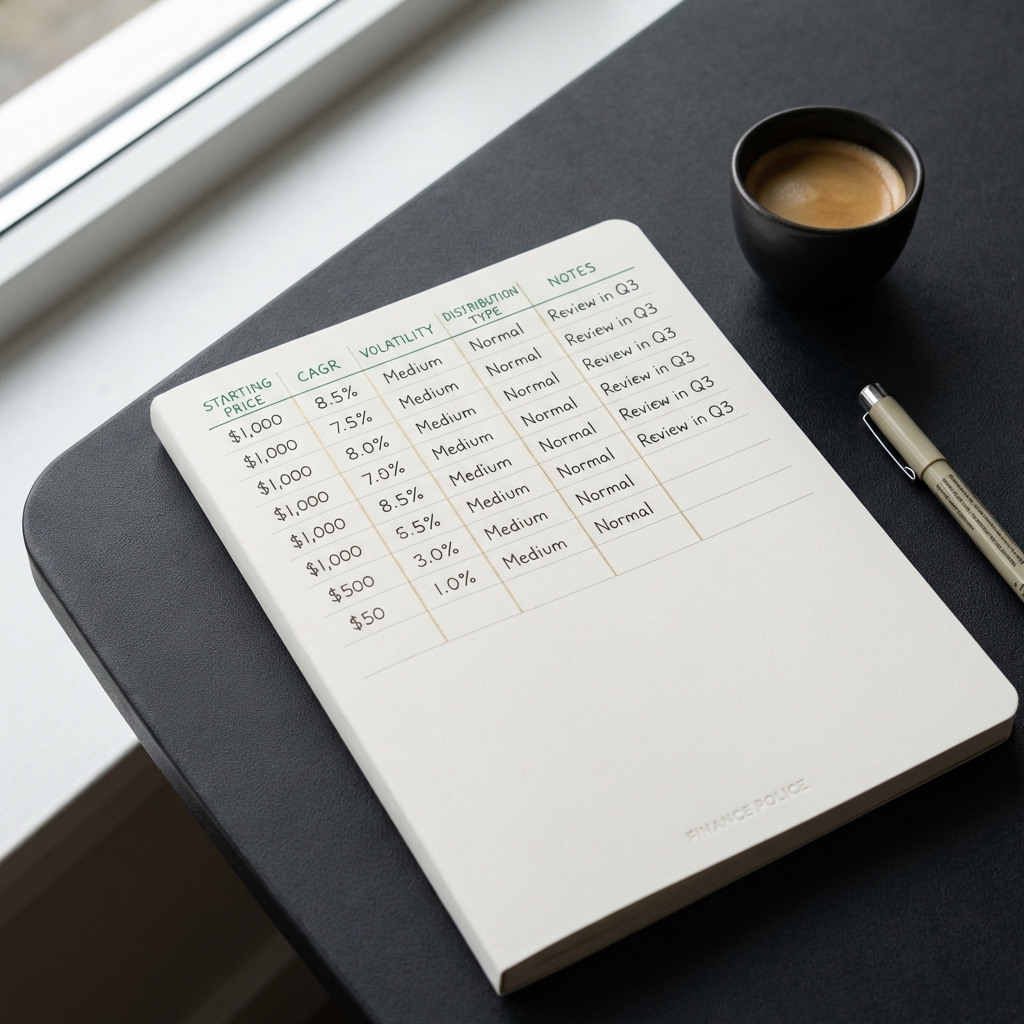 Close up minimalist spreadsheet in natural light showing columns labeled starting price CAGR volatility distribution type notes illustrating best way to buy cryptocurrency