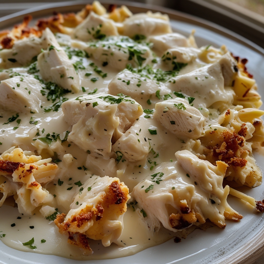 High-Protein Chicken Alfredo Bake for Easy Low-Carb Meal Prep – Quick & Delicious finished