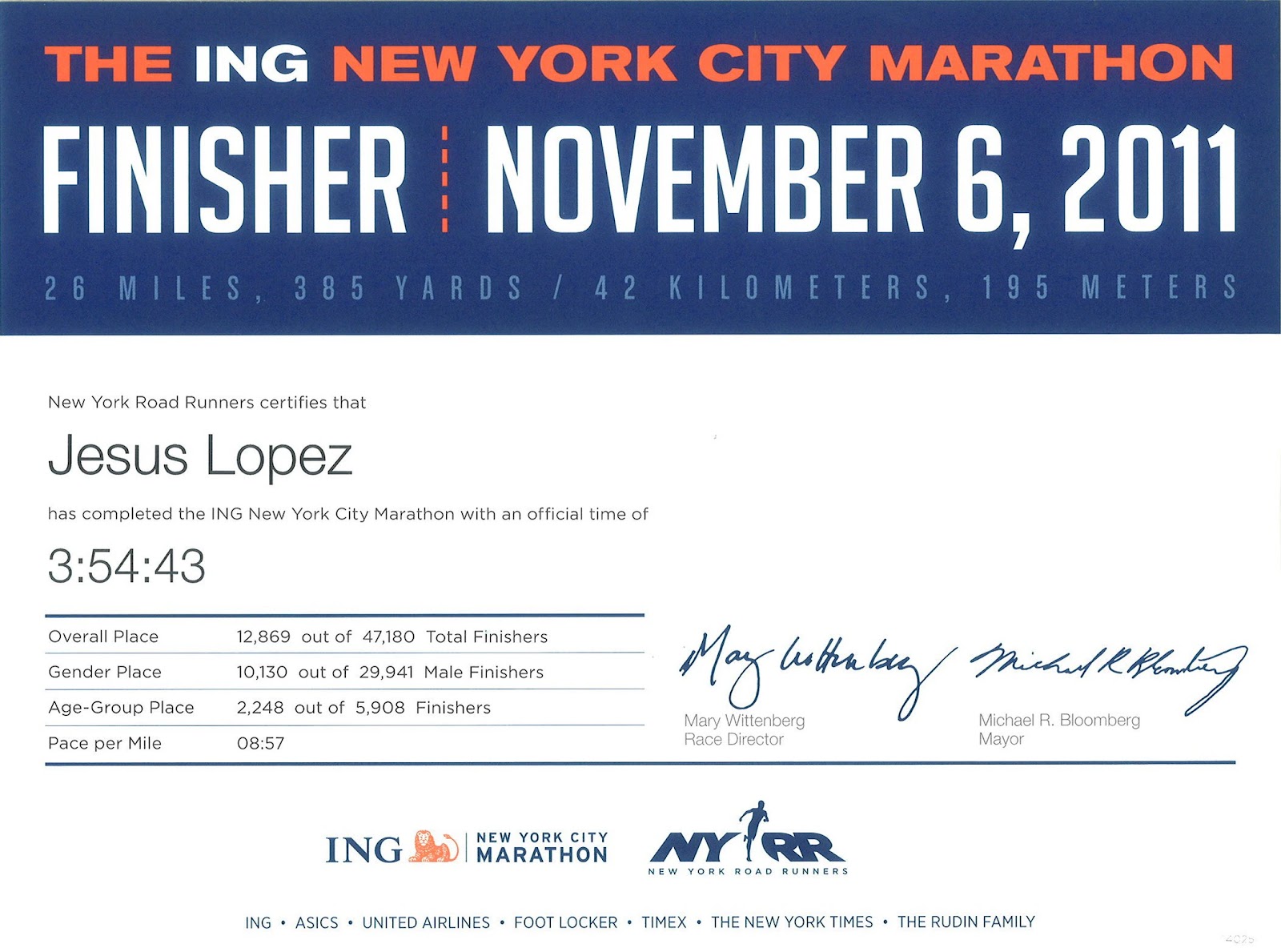 Diploma de NYC MARATHON