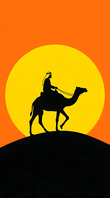 Minimalist Silhouette Illustration of a Camel Rider Against a Giant Sun - Free mobile Wallpaper