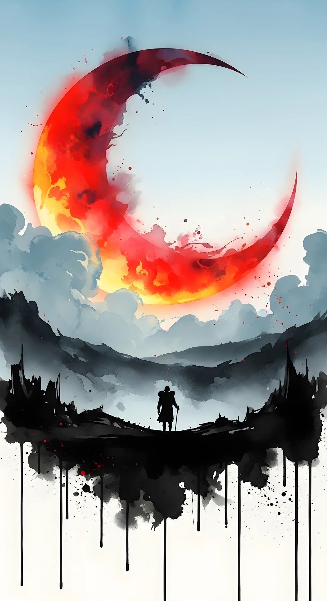 Lone Figure Under the Fiery Red Crescent Blood Moon - Free 4K mobile Wallpaper