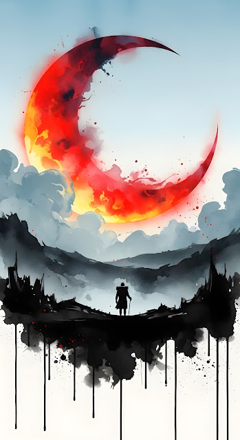 Lone Figure Under the Fiery Red Crescent Blood Moon - Free mobile Wallpaper