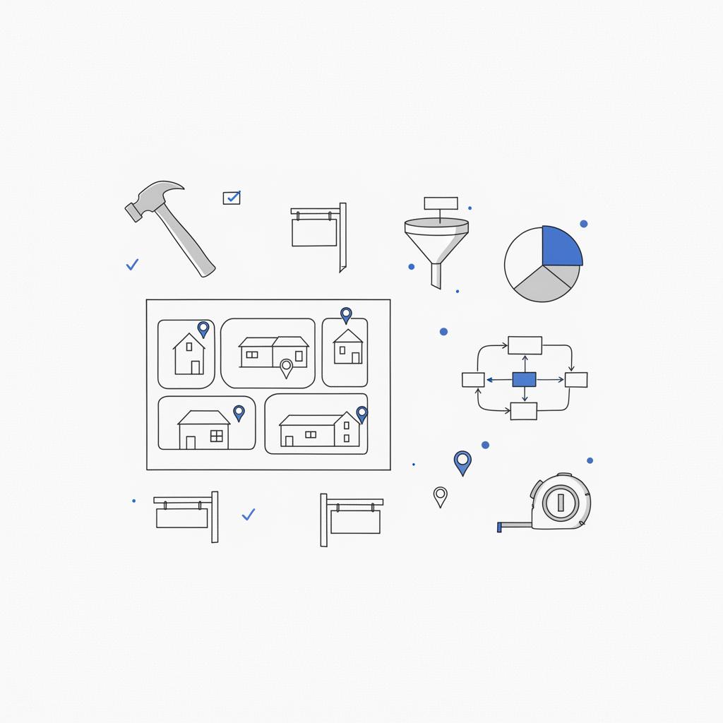 Flat 2D vector flatlay of a sketched neighborhood map and yard sign ideas surrounded by handyman tools, illustrating how to advertise as a handyman planning concepts.