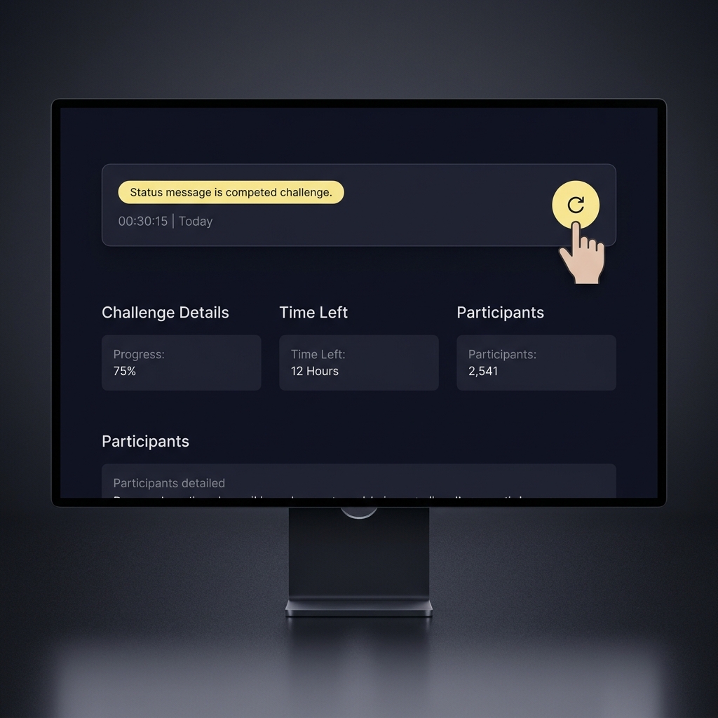 Close up of a challenge detail page showing status banner timestamp and a hand hovering over a refresh button illustrating How to Check Your Challenge Status on a Funded Plays styled dark interface