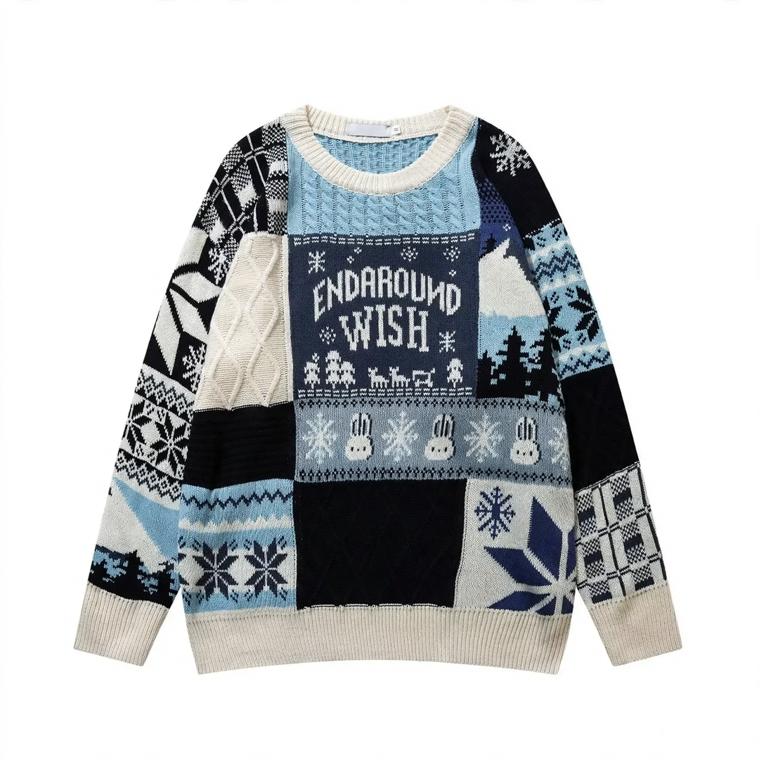Retro knit sweater with cable pattern and bunny application