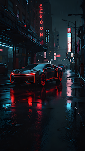 Sleek Sports Car on Rainy Neon City Street at Night