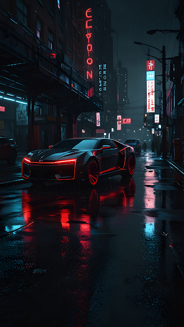 Sleek Sports Car on Rainy Neon City Street at Night