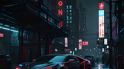 Sleek Sports Car on Rainy Neon City Street at Night