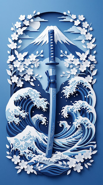 Vertical Art Featuring Katana with Mount Fuji and Great Wave Patterns - Free mobile Wallpaper