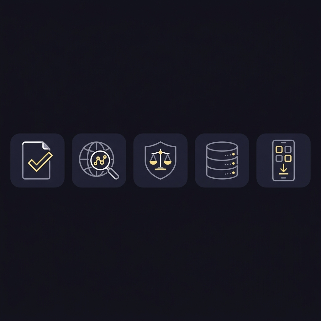 Minimalist 2D vector checklist infographic showing five icon steps for terms whois regulator registry and app store in Funded Plays palette for betnet ag mobile