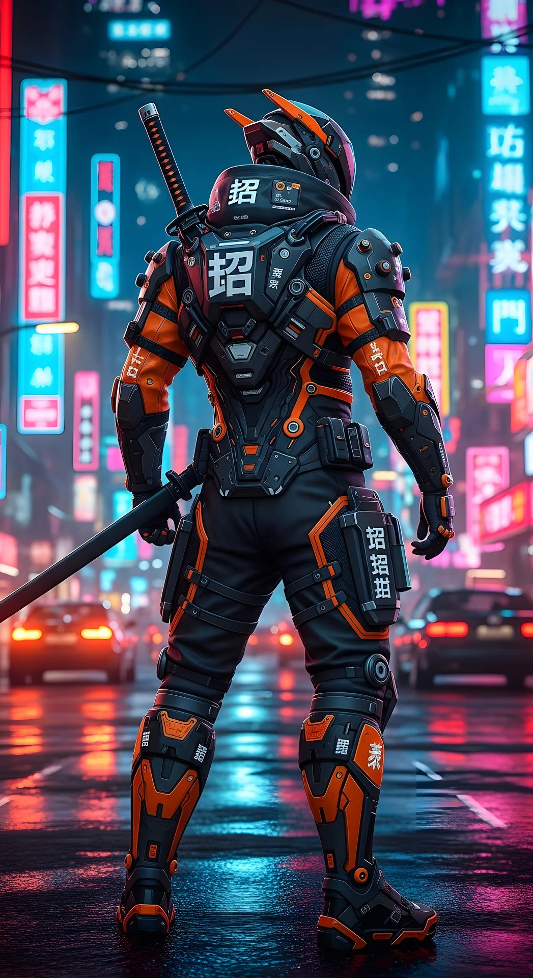 Cyberpunk Samurai Warrior in Neon Japanese City Night - Free 4K mobile Wallpaper
