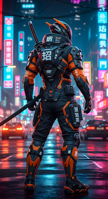 Cyberpunk Samurai Warrior in Neon Japanese City Night - Free mobile Wallpaper