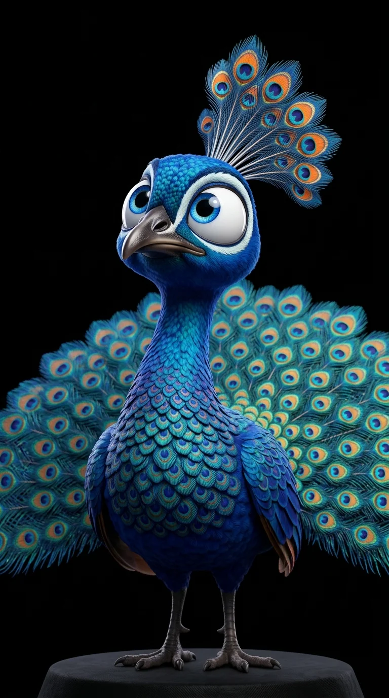 Close-Up of a Cute Stylized Peacock with Large Expressive Blue Eyes - Free 4K mobile Wallpaper