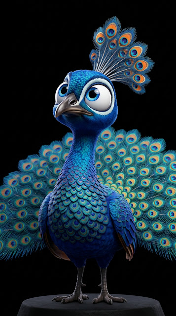 Close-Up of a Cute Stylized Peacock with Large Expressive Blue Eyes - Free mobile Wallpaper