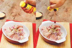 Ướp sườn non với tỏi và hành băm, thêm hạt nêm MAGGI, tiêu và dầu hào MAGGI theo vị vừa ăn. Trộn đều và để trong 15 phút cho sườn thấm gia vị