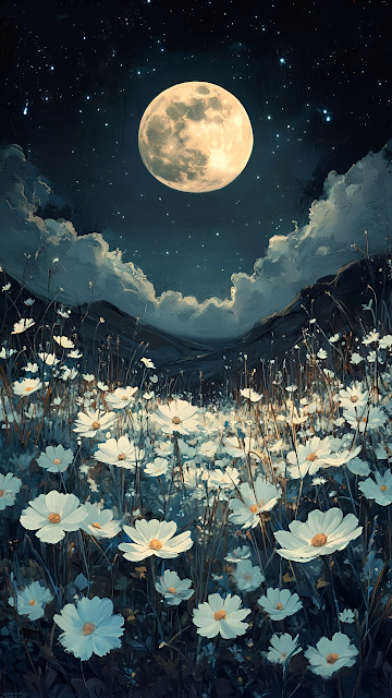 Celestial Field of White Cosmos Flowers Under Full Moon - Free mobile Wallpaper