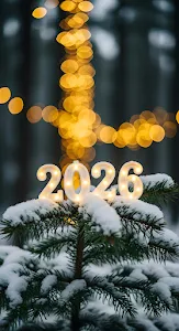 Illuminated 2026 Numbers on Snowy Pine Branch Bokeh