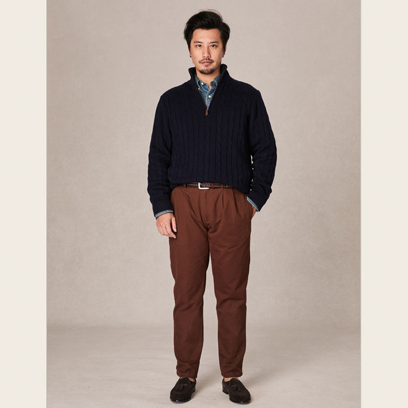 Herren-Strickpullover, Stehkragen mit Reißverschluss, Zopfmuster