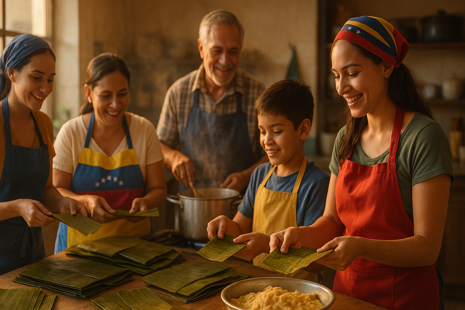 Grupo de venezolanos preparando hallacas en una cocina compartida, ambiente cálido y colaborativo