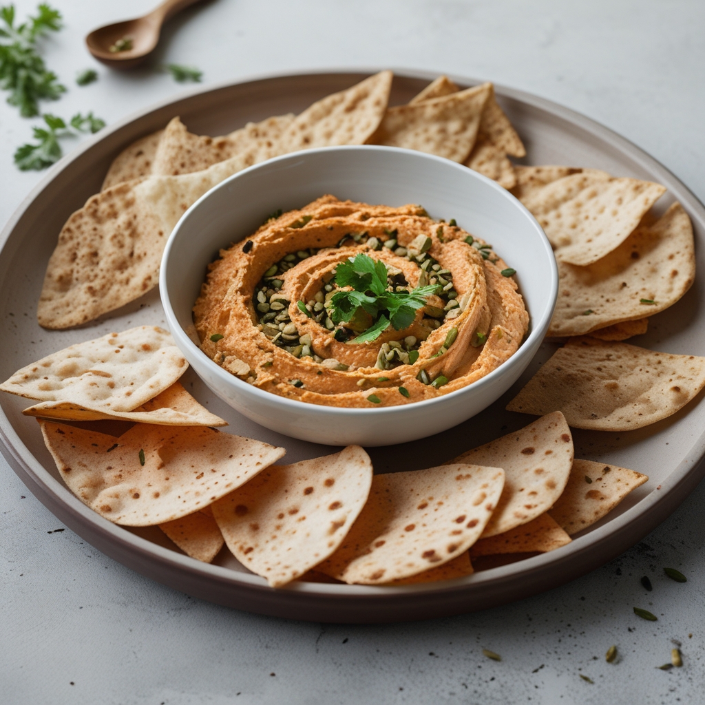 Spiced Carrot & Tahini Swirl Dip with Za'atar Pita Chips